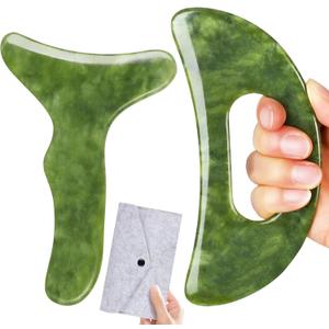 2 in 1 Jade Stone Gua Sha Massage Tool, Large Guasha Muscle Scraper Tools Set with Handle Muscle Scraping Massage Tools Anti Cellulite Spa Acupuncture Tools for Back Neck Leg Lymphatic Drainage
