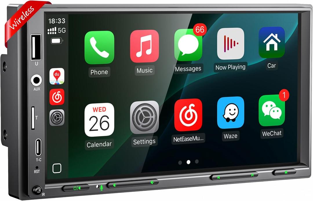 Upgraded Double Din Car Stereo with Wireless Apple CarPlay & Android Auto, 7'' LCD Touchscreen | 12LED Auto Backup Camera | Bluetooth 5.3 | Phone Mirror-Link | AM/FM/RDS Radio | 240W Powerful Sound