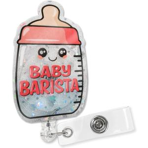XQLZY Baby Barista Pink Glitter Badge Reel, Cute Bottle ID Tag Card Holder, Birthday Graduation Gift for Doctor, Nurse, Neonatology, NICU, Pediatric Nursing, Office RN MD