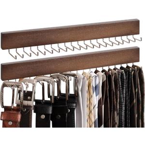 StorageWorks Tie Rack with 20 Hooks, 2-Pack Wall-Mounted Wooden Hangers for Neckties, Belts, Hats, Natural Walnut Color