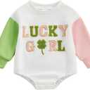 FOCUSNORM Newborn Girl Clothes Toddler Baby St. Patrick'S Outfit Long Sleeve Ireland Festival Romper Four Leaf Clover Romper (St. Patrick's Pink, 3-6 Months)