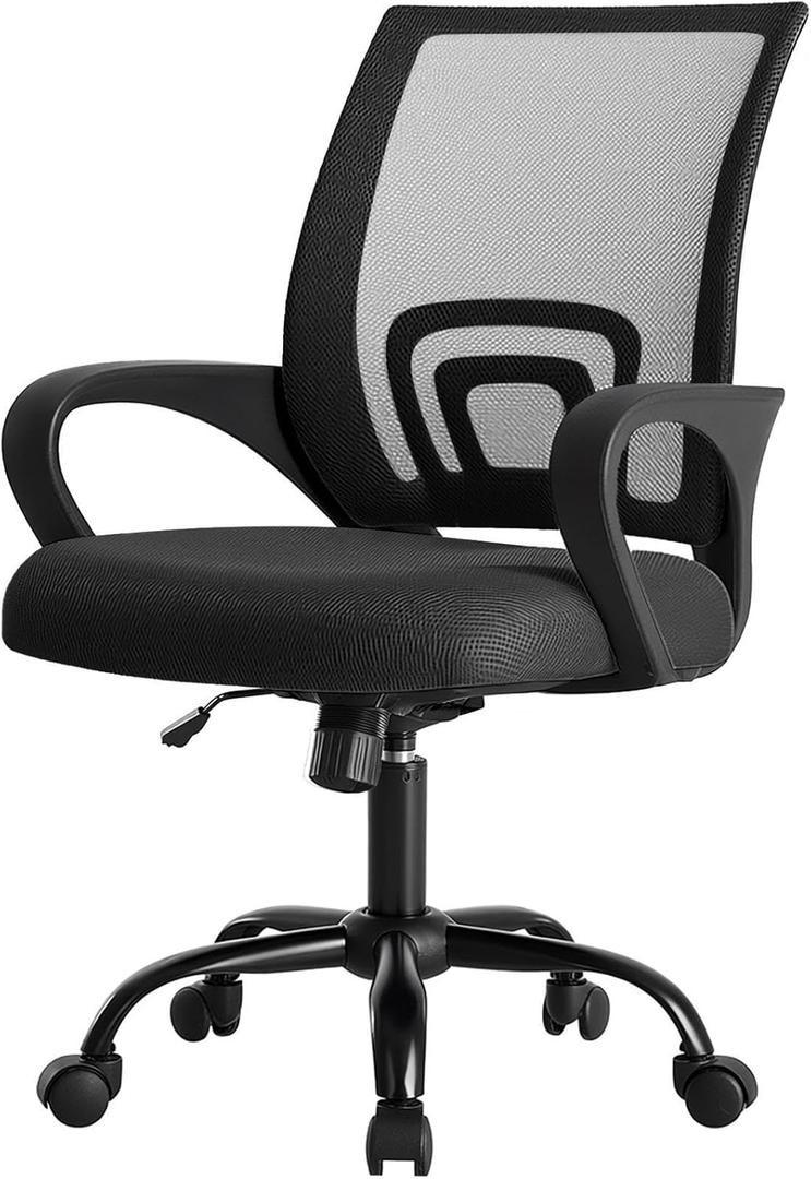 DUMOS Home Office Chair - Ergonomic Mid Back Mesh Desk Chair with Lumbar Support & Rocking Mode, Height Adjustable with Fixed Armrest, for Computer, Gaming, Meeting, 360 Swivel, Black