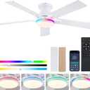 Flush Mount Ceiling Fans with RGB Side Lights - 52" White RGB Ceiling Fan with 5 Dual-Sided Blades, Dimmable Reversilbe Motor, Low Profile Indoor/Outdoor Fan Light for Party, Bedroom