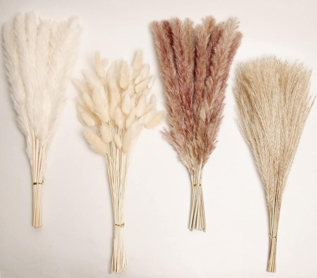 Natural Dried Pampas Grass Decor, 100 PCS Pampas Grass Contains White Bunny Tails Dried Flowers, Reed Grass Bouquet for Wedding Boho Flowers Home Table Decor, Rustic Farmhouse Party (17")