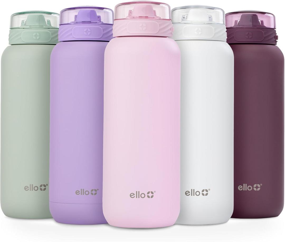 Ello Cooper 22oz Stainless Steel Water Bottle with Straw and Carry Handle, Double Walled and Vacuum Insulated Metal, Leak Proof Locking Lid with Soft Silicone Spout, Reusable, BPA Free, Cashmere Pink