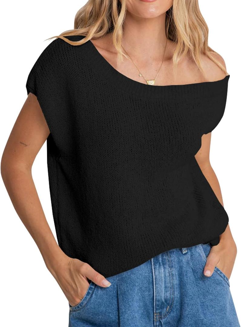 Balimtoy Women Off One Shoulder Crochet Sweater Top Asymmetrical Short Sleeve Loose Going Out Tops Casual Knit Tshirt (Large, Black)