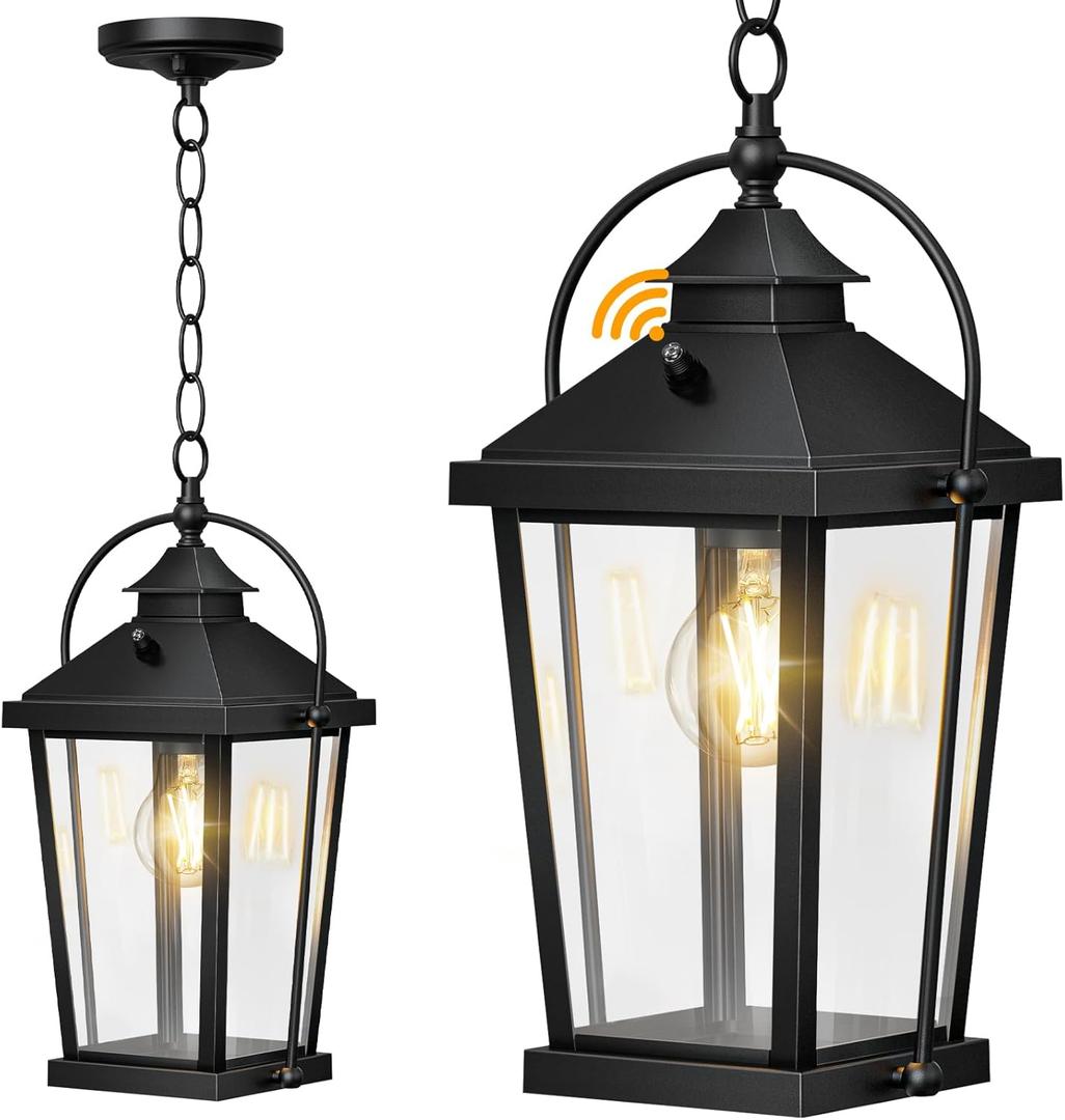 Outdoor Pendant light, 16" Large Dusk to Dawn Outdoor Chandelier for Porch, Waterproof exterior Hanging light fixture, Porch Light Ceiling Mount, Black Hanging Lantern for Yard, Gazebo, Patio