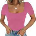 Chunpin Women's Sexy Square Neck Short Sleeve Bodysuit Tops Double Lined Slim Fitted Thong Body suit (Pink, L)