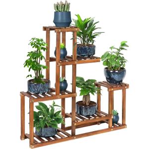 Wood Plant Stand Indoor Outdoor Multi Tiered Corner Plant Shelf Holder High Low Flower Rack Stand for Indoor Multiple Plants 9 Potted Organize Shelves in Living Room Garden Balcony Patio Yard