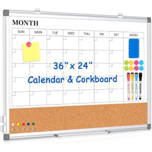 Monthly Calendar Whiteboard Dry Erase Cork Board Combo for Wall, 36" x 24" Magnetic Double-Sided Calendar White Board and Bulletin Board, Portable Board for Office, Kitchen, School, Home (White Calendar)