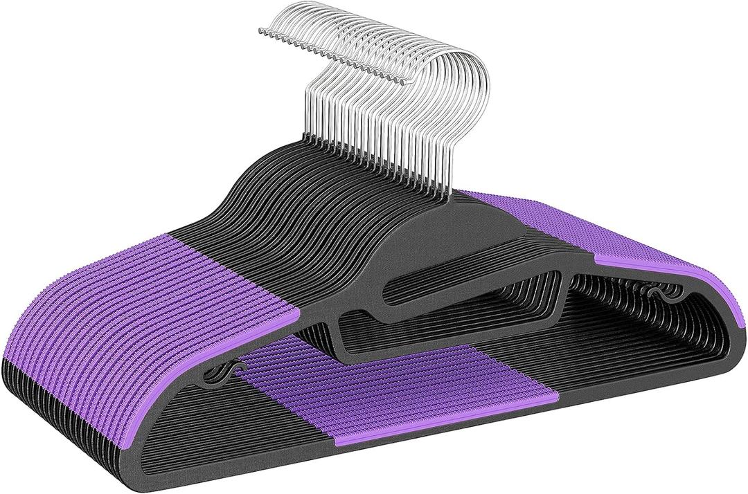 BAGAIL Plastic Hangers 50 Pack with Non-Slip Design,0.2 Inches Thick, 360Swivel Hook Space Saving Organizer for Bedroom Closet,Shirts,Pants(Purple- S Shaped)