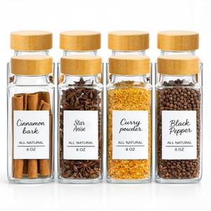8Oz 8Pcs Glass Spice Jars with Label, Seasoning Containers, Spice Containers with Bamboo Lids & Pen, Empty Spice Bottles for Salt, Herbs, Sugar, Pepper (Natural Wood Color)
