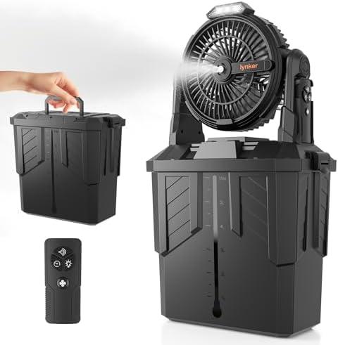 lynker Portable Misting Fan with Remote, Camping Fan with 20000mAh Rechargeable Battery Operated, 6L Water Tank, 3 Speed Levels, 2 Spray Modes, Hanging & Lighting for Outdoor Indoor Cooling (Black)