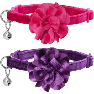 azuza 2 Pack Cat Collar Floral with Bell and Removable Flower Bowtie Breakaway Adjustable Velvet Fabric Cat Collar for Pets Valentine's Day Gift and Daily DecorationHot Pink & Purple (Neck: 8"-12")