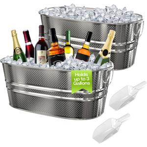 2 Pack Galvanized Tub with Handles - Beverage Tub with 2 Ice Scoops, 2.4 Gallon Ice Bucket for Parties, Metal Drink Buckets for Parties for Champagne Cocktails Wine Cooling for Mimosa Bar Supplies