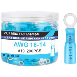 haisstronica 200PCS Heat Shrink Ring Terminals #10 Marine Grade Wire Connectors Blue AWG 16-14 Gauge, Tinned Red Copper 0.7mm Resistant Ring Connectors, Brazed-Seam Insulated Electrical Crimp