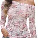 CiCiBird Womens 2025 Fall Off Shoulder Tops Long Sleeve Floral Mesh Shirts Trendy Going Out Outfits (M)