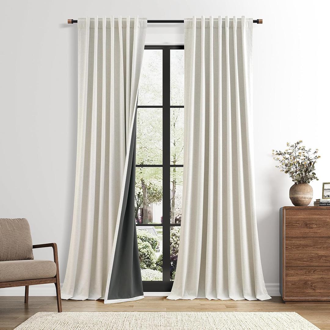 Extra Long Cream 100% Blackout Linen Curtains 112 Inch Length Natural Black Out Thermal Insulated Back Tab Window Floor to Ceiling Drapes for Bedroom Living Room 2 Panels 52 x 112 Ivory, 50"W x 112"L