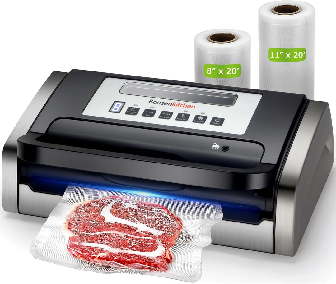 Bonsenkitchen Vacuum Sealer Machine, Globefish Technology for Perfect Vacuum Sealing, Powerful Low-Noise Food Vacuum Sealer with Easy Handle Design, Built-in Cutter and Bag Storage, 2 Bag Rolls (Stainless Steel)