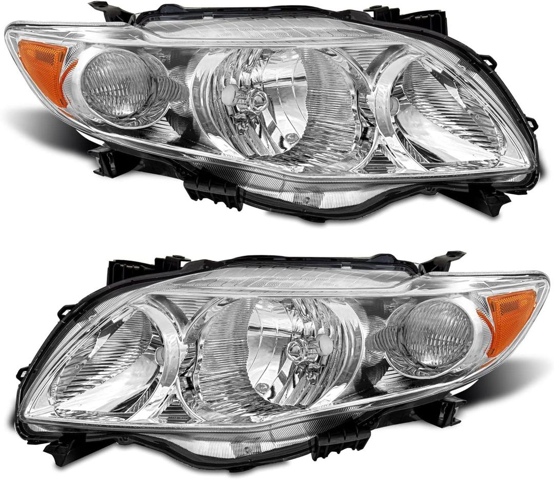 for 2009 2010 Toyota Corolla Headlight Assembly compatible with 09 10 Corolla Base/CE/LE/XLE Models North America Built Vehicle Clear Lens Chrome Housing Amber Reflector Replacement Pair (OE Type)