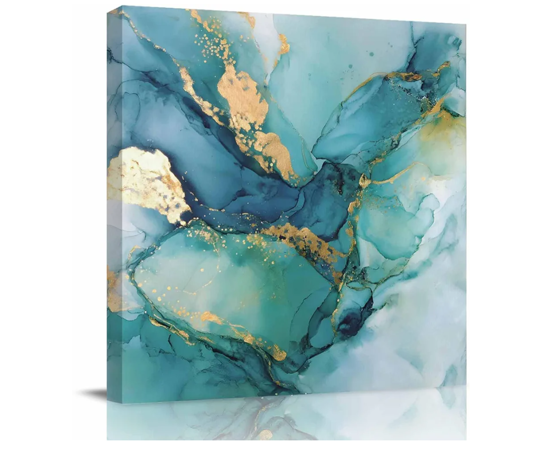 Turquoise Marble Canvas Print Wall Art Abstracts Gold Green Gradient Stone Texture Framed Canvas Art Wall Decor Pictures Painting Morden Artwork for Living Room Bedroom, Ready to Hang - 40×30