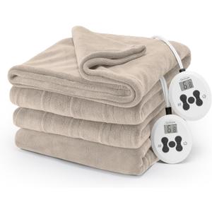 Sunbeam Electric Royal Luxe Microplush Heated Blanket 12 Heat Settings, 12-Hour Selectable Auto Shut-Off, Fast Heating, Warm and Cozy, Sandstone Color, Queen, 90" x 84" (Queen (90" x 84"), Sandstone)