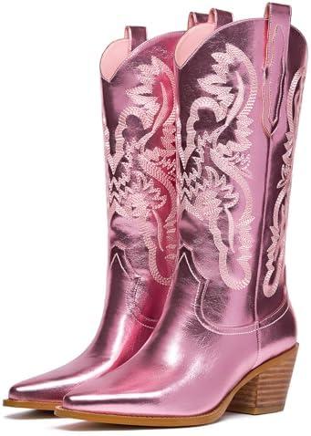 GOSERCE Pink Cowboy Boots for Women - Metallic Cowgirl Boots with Embroidery Sparkly Mid Calf Boots for Ladies Fahsion Classic Pull on Pointy Toe Chunky Stacked Heel 2.5" Pink, 5