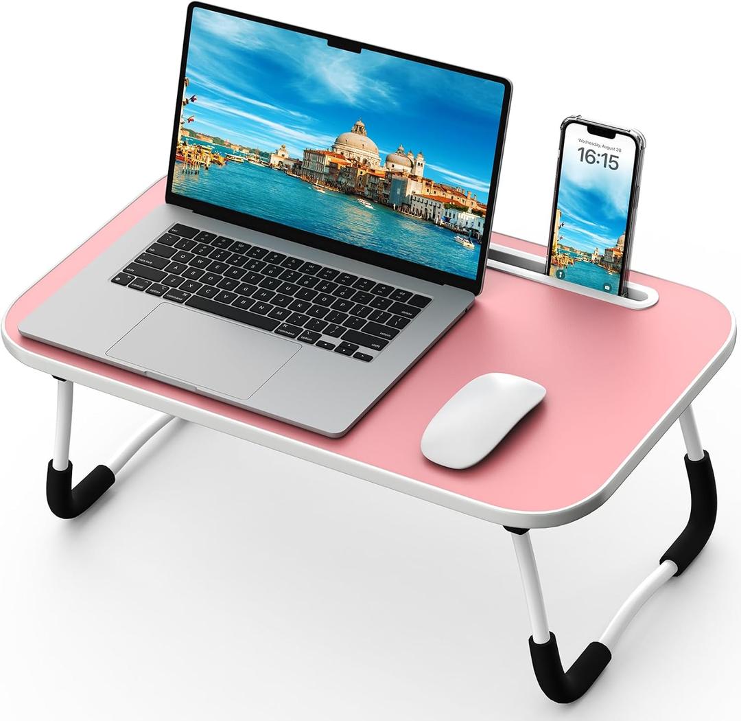 Foldable Lap Desk with Tablet Slot, Portable Laptop Desk for Bed, Lightweight Bed Table for Working Writing Reading Drawing Eating on Couch Floor, Pink (20.8"11.8")