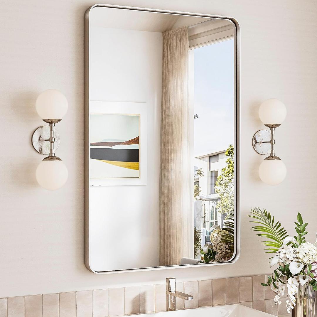 TokeShimi 24x36 Brushed Nickel Bathroom Mirror,Wall Mirror for Bathroom with Tempered Glass,Nickel Bathroom Vanity Mirror for Over Sink,Aluminum Framed Mirror(Horizontal/Vertical)