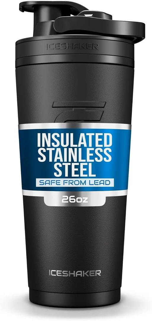 Ice Shaker Insulated Stainless Steel Shaker Bottle | 26oz, Black | Cold for 30+ Hours | Insulated Cup with Twist-on Agitator | Odor-Free Bottle for Protein Shakes, Water, Smoothies, Cocktails