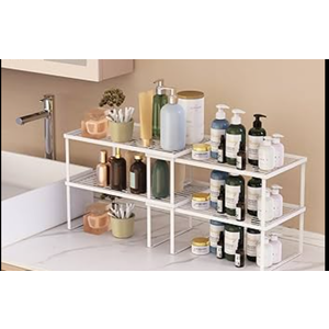 LANEJOY Metal Expandable Cabinet Shelf Organizer, Set of 2 Stackable Shelves for Pantry, Storage Countertop Shelf for Kitchen Counter, White, 17" L X 10" D X 6.3" H