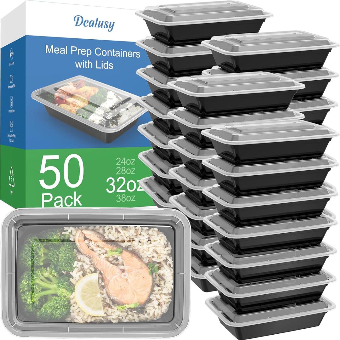 50 Pack (100-Piece) 32 oz Meal Prep Containers Reusable with Lids, Sturdy Leakproof & Food Safe, Microwave, Freezer, Dishwasher Safe Prep Containers, To Go Take Out Plastic Food Storage