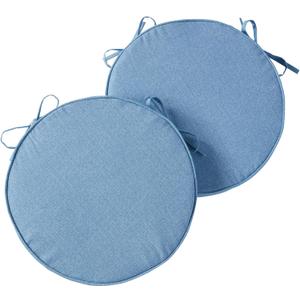 Set of 2 Outdoor 18 inch Round Patio Dining Chair Pads Comfortable Fiber-Filled Seat Cushions with Ties, Reversible Polyester Fabric, Denim, 18" x 18" x 2.5"