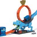 Hot Wheels City Track Set with 1 Toy Car, Race Through a Giant Loop to Defeat a Big Dinosaur, T-Rex Loop Stunt and Race Playset