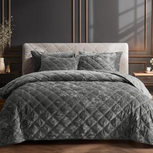 PHF Luxury Velvet Quilt Set King Size, Lightweight Velvet Comforter, Ultra Soft Cross Stich Quilted Bedding Set for, Home Decor Bedspread 108" x 92"with 2 Pillow Shams 20" x 36", Grey