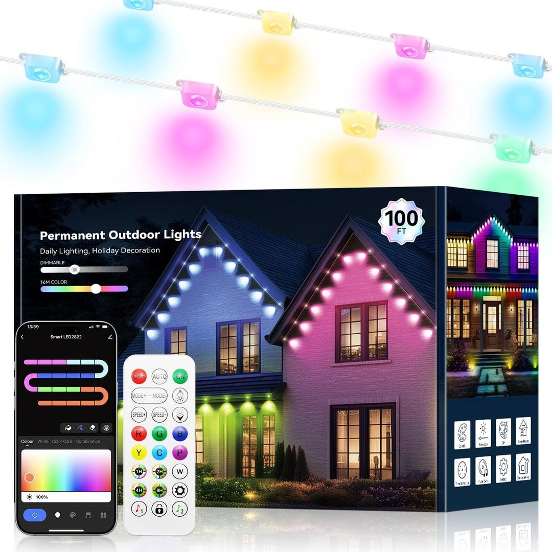 lemonlovely 100FT Permanent Outdoor Lights for House -Eaves Lights with 50 IC+RGBCW LED IP67 Waterproof, Smart Outside LED Christmas Light with App/ Remote, Eternity Lighting for Holiday/ Daily