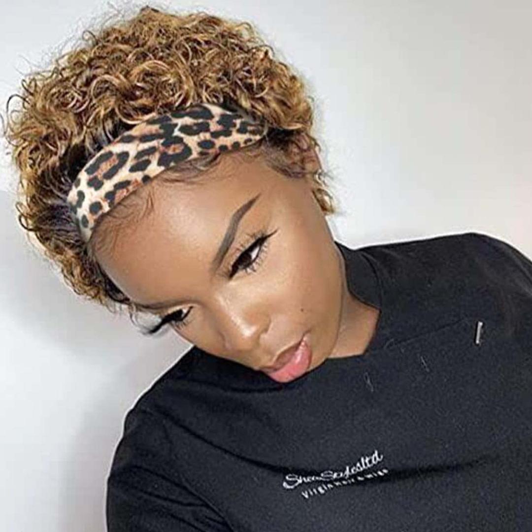 Headband Wigs Human Hair for Black Women Blonde Ombre Pixie Cut Headband Wig Put On and Go Glueless Human Hair Wig with Headband,150% Density 6inchT27