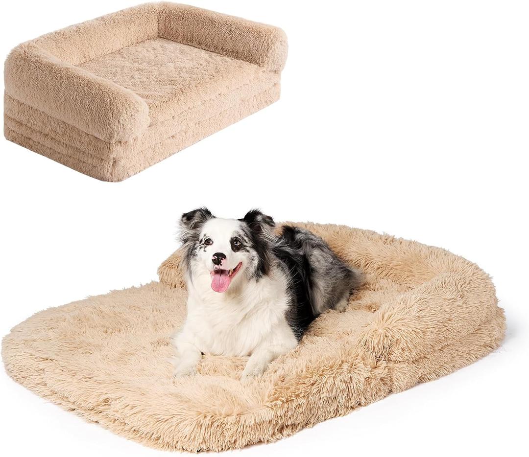 EHEYCIGA Foldable XXL Dog Bed for Large Sized Dog, 54"x38"x7.5" Faux Fur Fluffy Pet Couch Bed, Orthopedic Calming Memory Foam Big Pet Bed, Washable Pet Sofa Bed with Non-Slip Bottom, Camel EHEYCIGA Foldable XXL Dog Bed for Large Sized Dog, 54"x38"x7.5" Faux Fur Fluffy Pet Couch Bed, Orthopedic Calming Memory Foam Big Pet Bed, Washable Pet Sofa Bed with Non-Slip Bottom, Camel