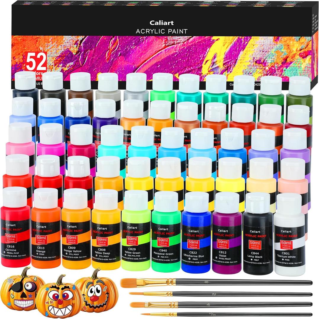 Caliart Acrylic Paint Set With 4 Brushes, 52 Colors (59ml, 2oz) Art Craft Paints for Artists Kids Students Beginners & Painters, Canvas Halloween Pumpkin Ceramic Wood Rock Painting Art Supplies Kit (2 Fl Oz (Pack of 52), Multicolor)