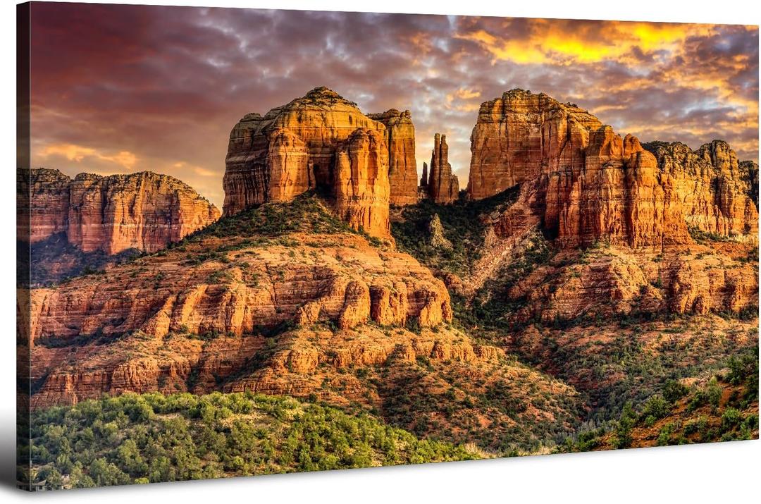 Arizona Wall Art Sedona Cathedral Rock Mountain Wall Decor Nature Sunset Desert Painting Canvas Prints Western Country Landscape Photography Prints Modern Artwork for Office Bedroom Decorations 30x60", 57.8"L x 30"W