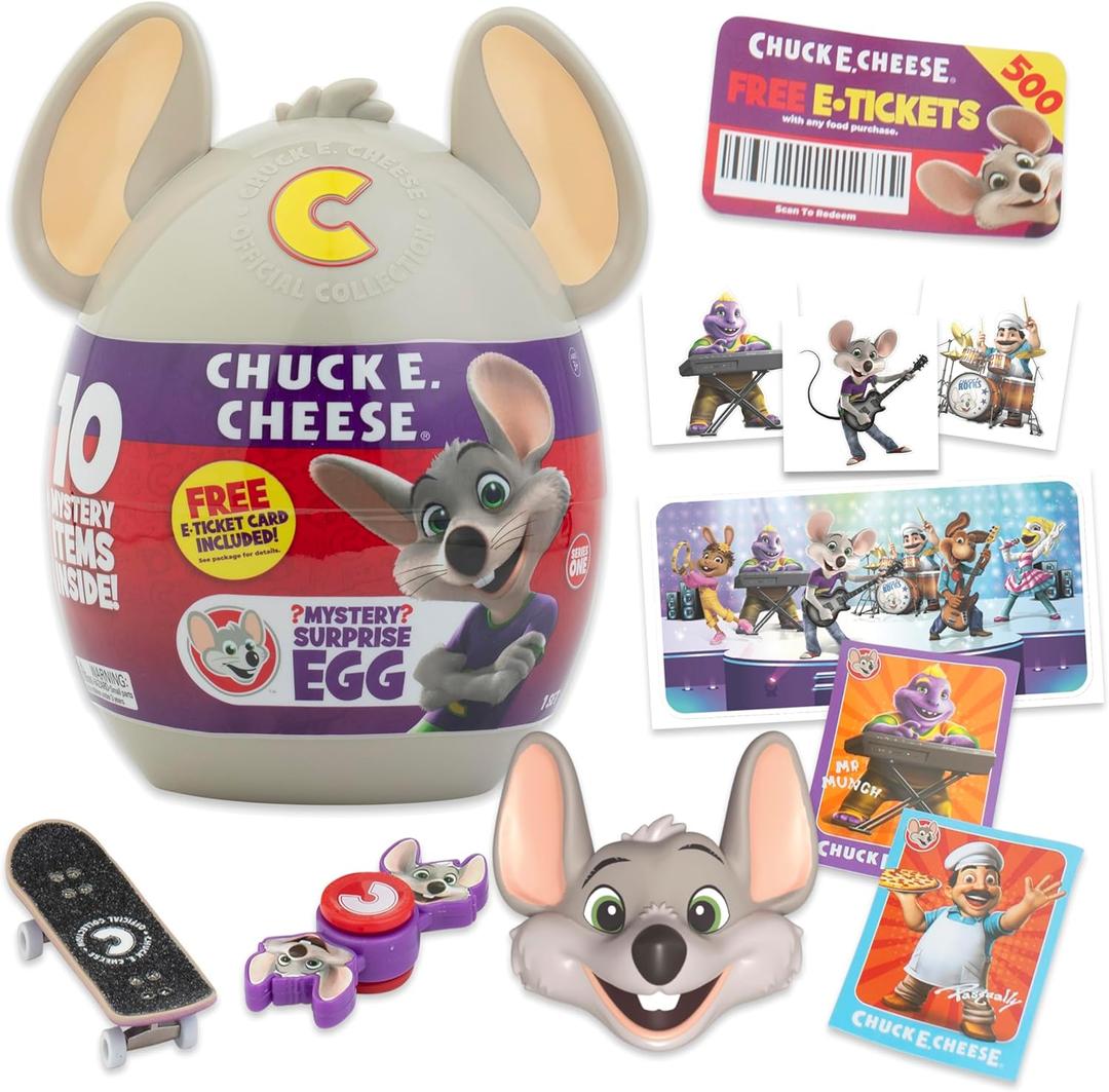 Chuck E. Cheese Mystery Egg, Collectible Figure & Accessories, E Tickets, 10 pc Mystery Suprises, Official Chuck E. Cheese Merch