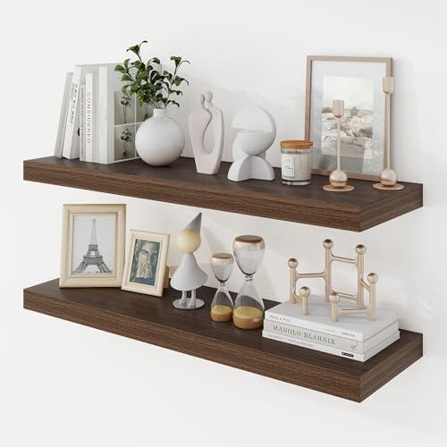 Acovy 30 Inch Floating Shelves, 9.3" Deep Floating Shelf Wall Mounted, 30" Wall Shelves, Rustic Deep Bookshelf, Large Display Shelves & Storage Shelves for Bedroom, Living Room, Walnut, Set of 2