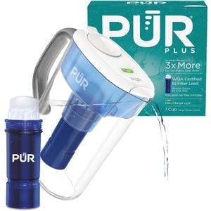 PUR Plus 7-Cup Water Filter Pitcher for Fridge, Cleaner, Great-tasting Water, Dishwasher Safe, Powerful Filtration, Change Light Indicator, LockFit Cap Design, White