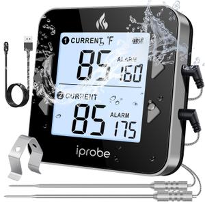 Dual Probe Rechargeable & Waterproof Digital Meat Thermometer for Food - Large LCD Backlight Cooking Thermometer for Kitchen Smoker Oven Grill BBQ Candy (Black & Gray)