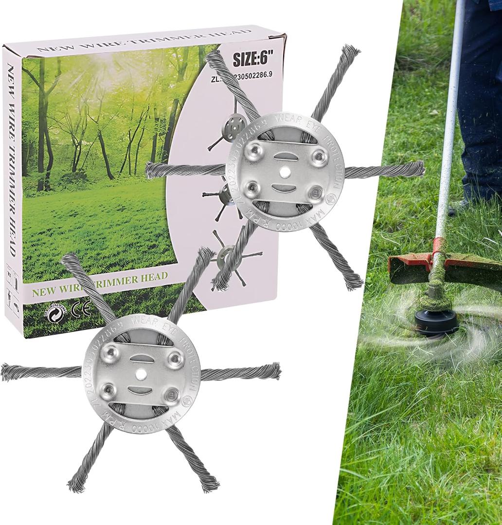 2Pcs Steel Wire Grass Trimmer Head, 2025 New String Trimmer Replacement Head, Fits Electric Weed Trimmer with 5.5mm(0.2inch) Bore Size, 6Inch Wired Trimmer Blade for Lawn Mower Tray (6 Blades-6Inch)