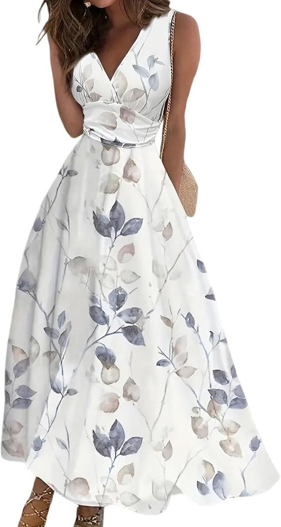 Women's Elegant Sleeveless V Neck Floral Print Long Maxi Dresses High Waist Cocktail Party Evening Tank Flowy Dress (White, L)