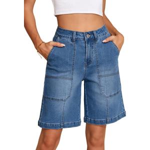 Sidefeel Womens Jean Shorts High Waisted Stretchy Wide Leg Bermuda Denim Shorts Casual Loose Fit Summer Jorts with Pockets (10, Blue)