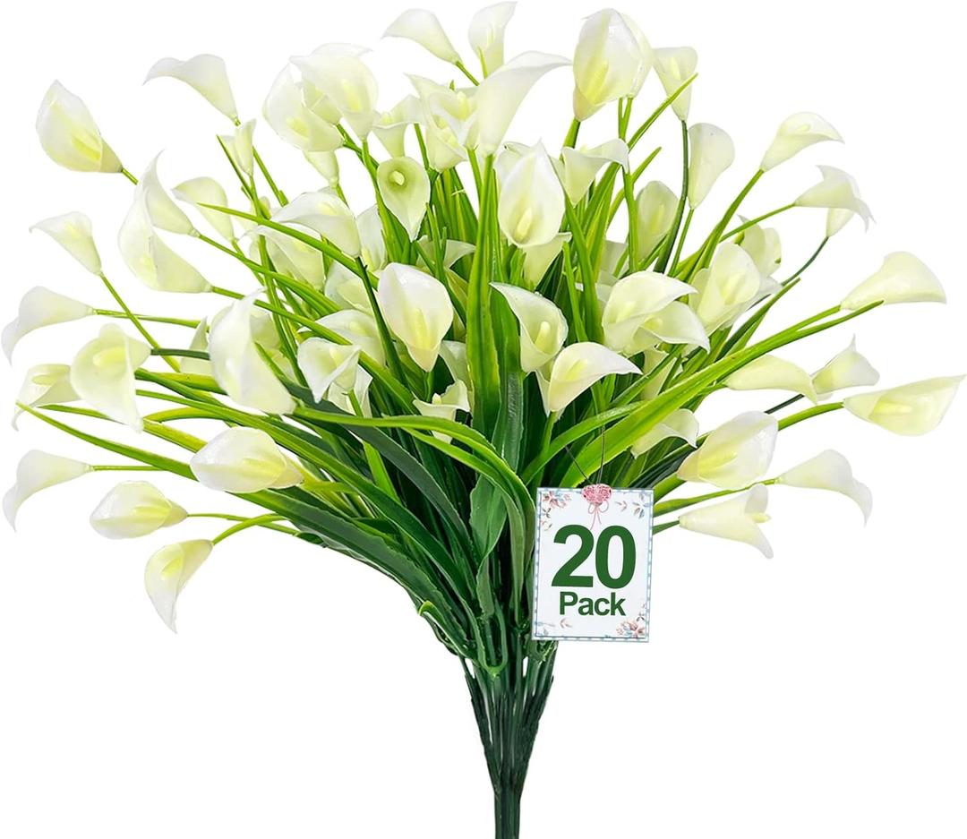 TURNMEON 20 Bundles Calla Lily (500 Heads) Artificial Flowers for Outdoors, Fake Plants UV Resistant Faux Plastic Fake Flowers for Indoor Planter Home Porch Yard Spring Summer Cemetery Decor(White)