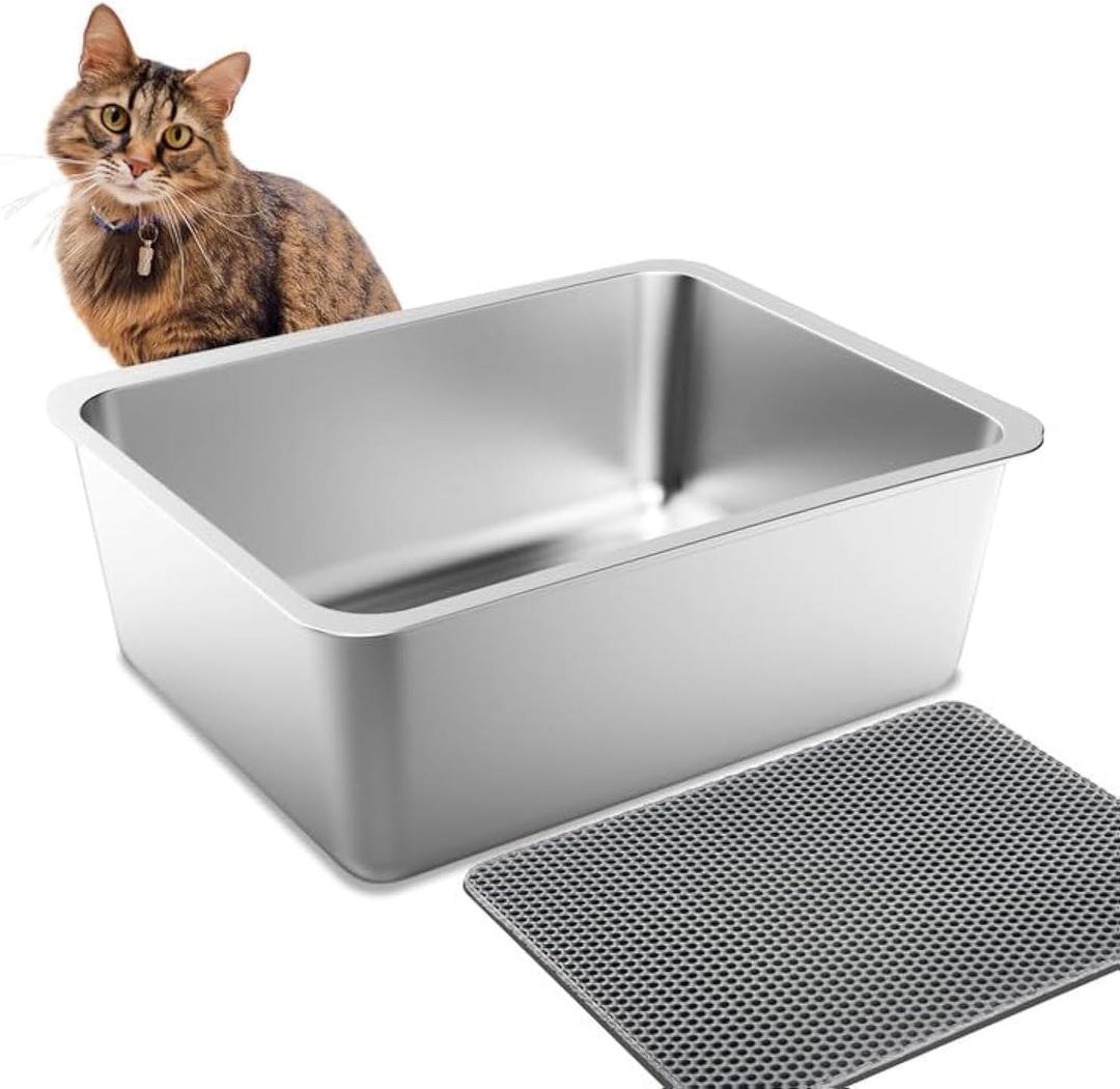 Stainless Steel Cat Litter Box, Odour Proof Litter Pan, Non-Stick, Easy to Clean, Rust Resistant, Non-Slip Rubber Feet
