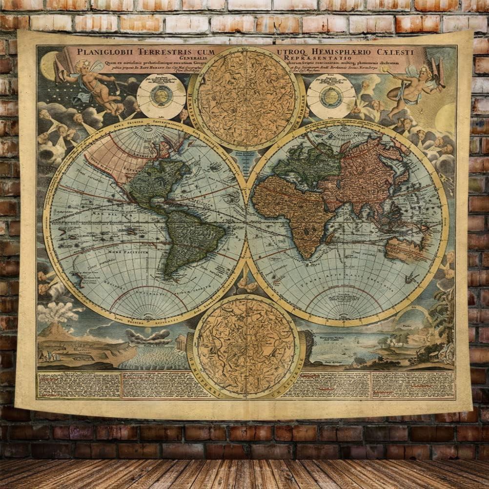 Vintage World Map Tapestry, Antique Old Nautical Map of the World Wall Art, Historical Atlas Geography Retro Wanderlust Pirate Tapestry Wall Hanging for Bedroom Living Room Dorm, 60X50in, Brown Tan (60L" x 50W", Multi1)